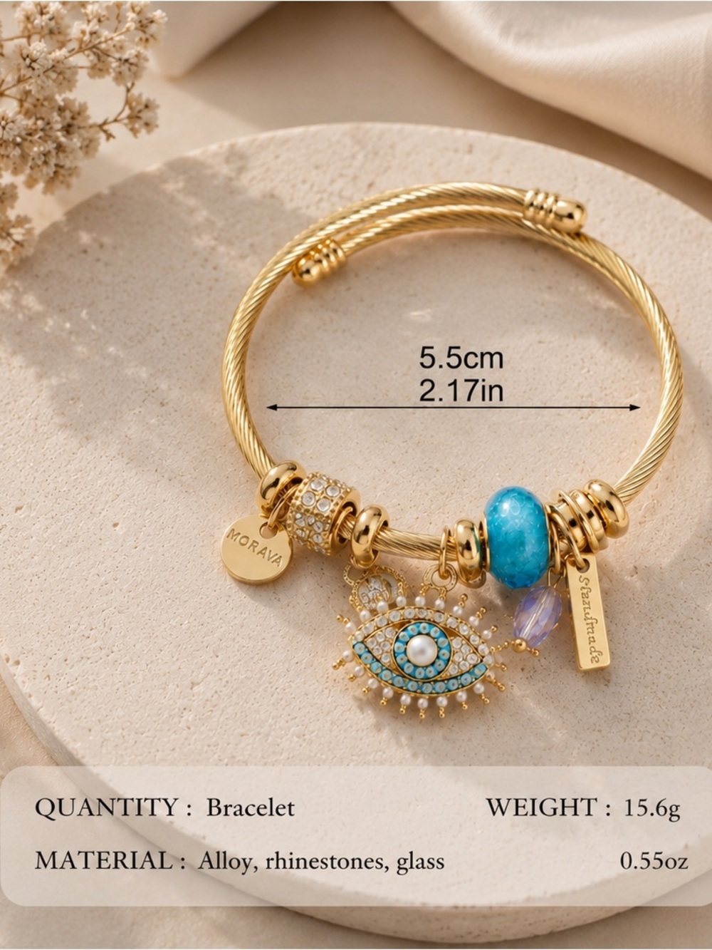 Gold Turquoise Evil Eye Charm Bracelet boho jewelry - Picture 6 of 6